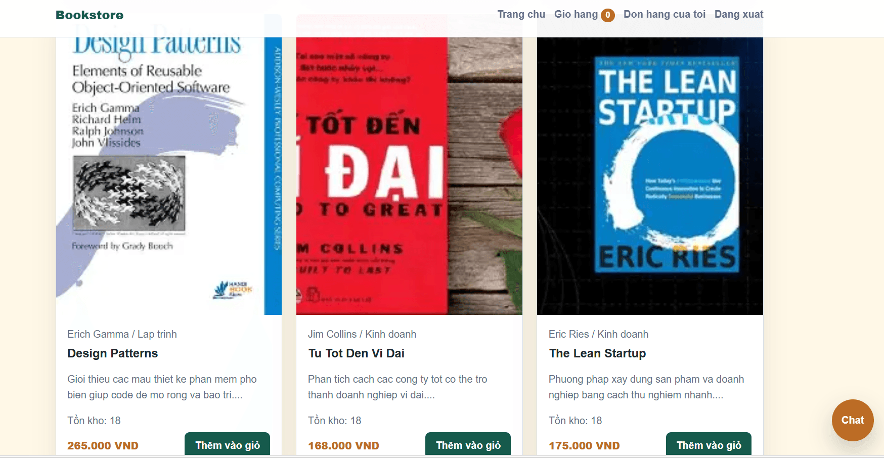 Card sản phẩm và giỏ hàng Bookstore