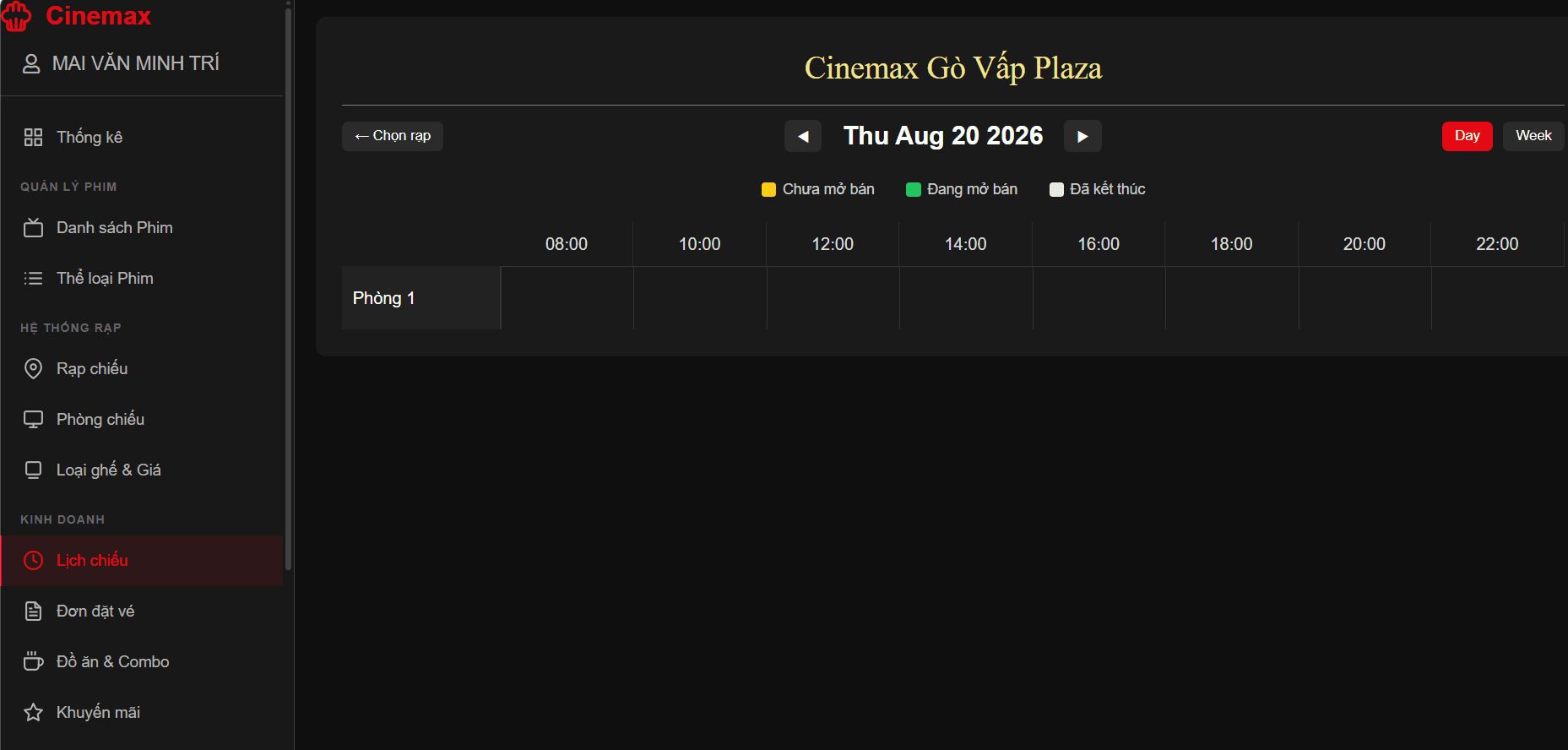 Trang quản lý lịch chiếu Cinemax